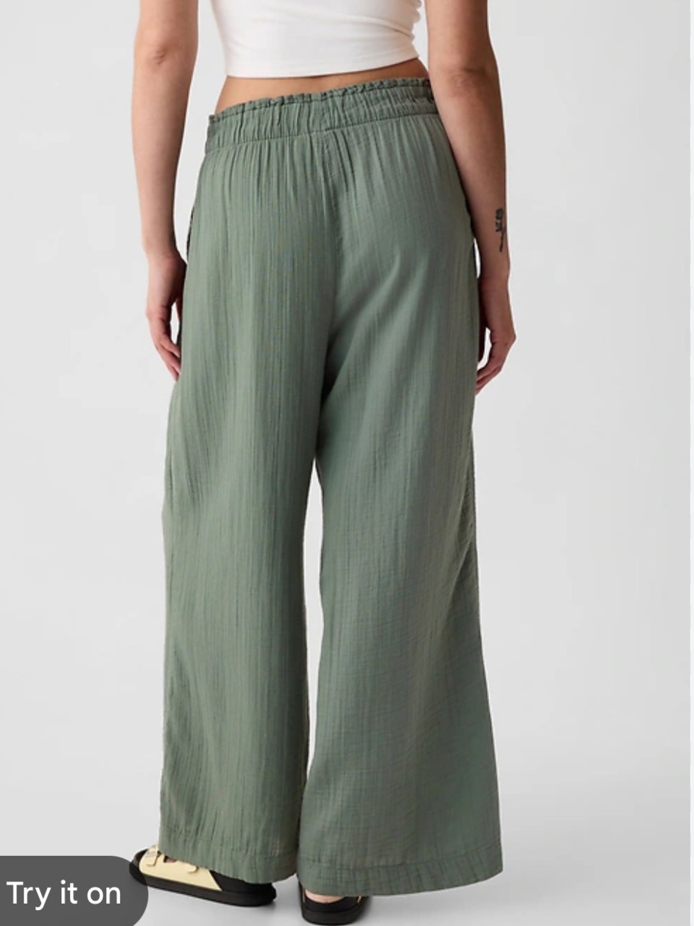 Gap Crinkle Gauze Wide Leg Pants Elastic Waist Khaki Olive Green Large